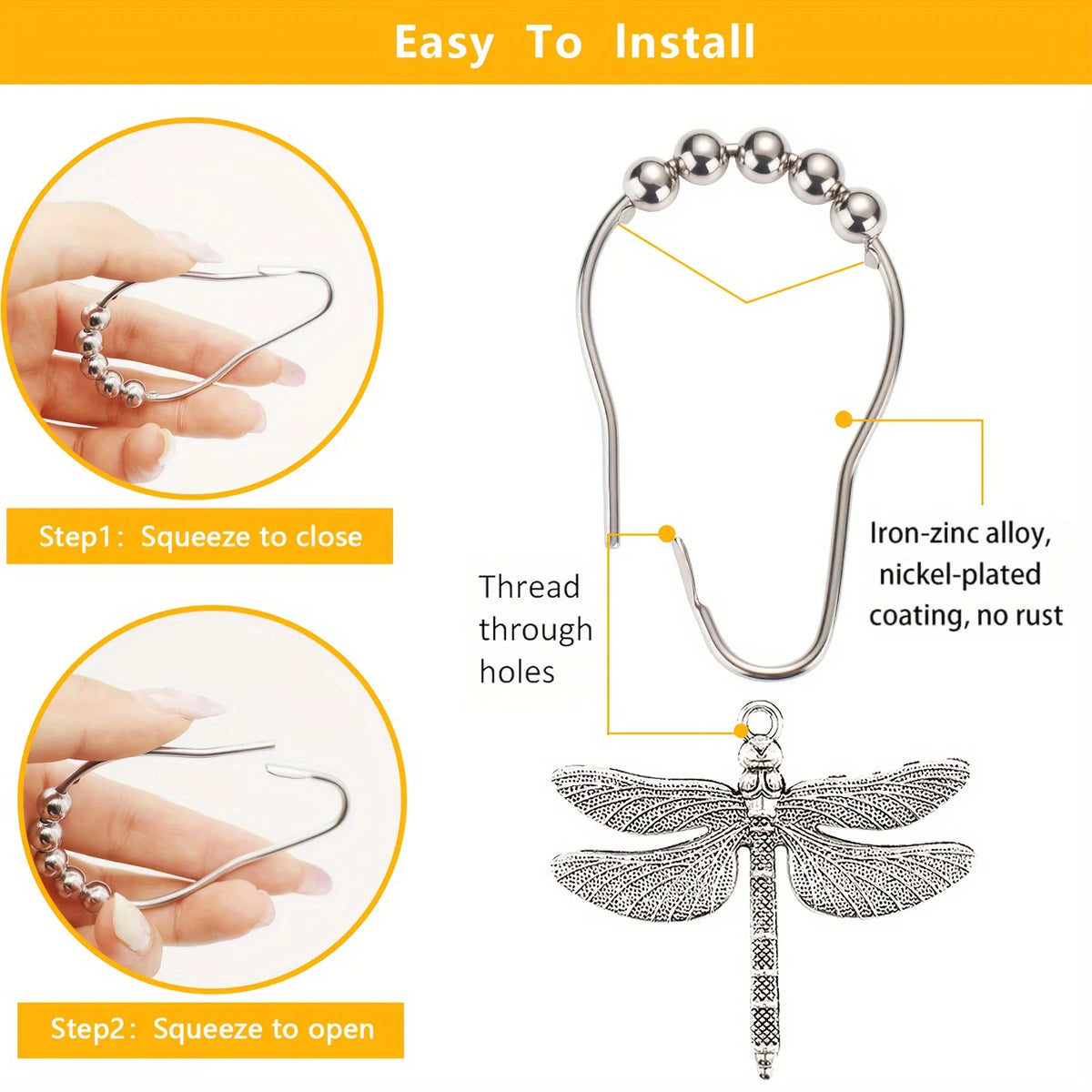 A set of dragonfly shower curtain hooks made of iron-zinc alloy with nickel-plated coating