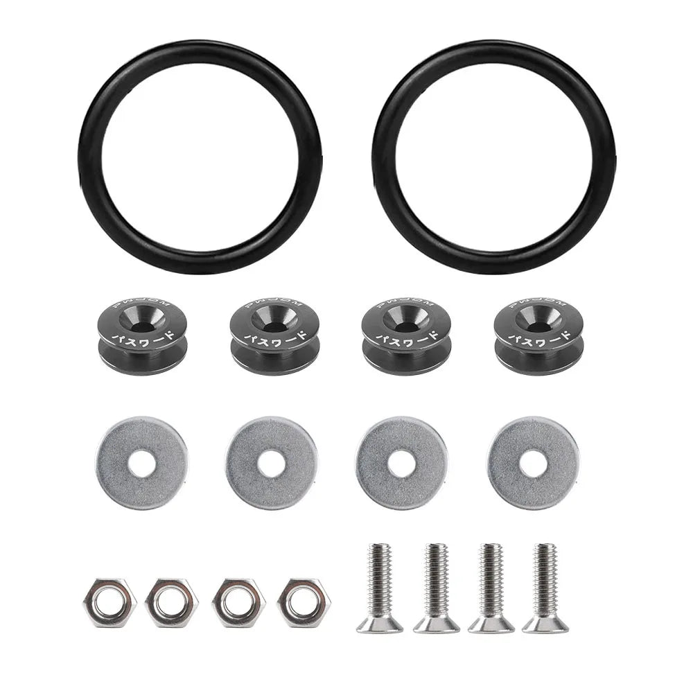 A set of black aluminum quick release bumper fasteners including rings and screws.