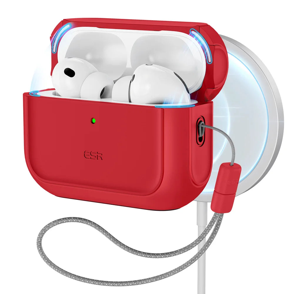 A red charging case for AirPods Pro 3 with a magnetic lock and drop protection feature.
