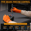 A hand wearing an orange glove is using a mini cordless screwdriver kit with an LED light to perform precise control on a dar