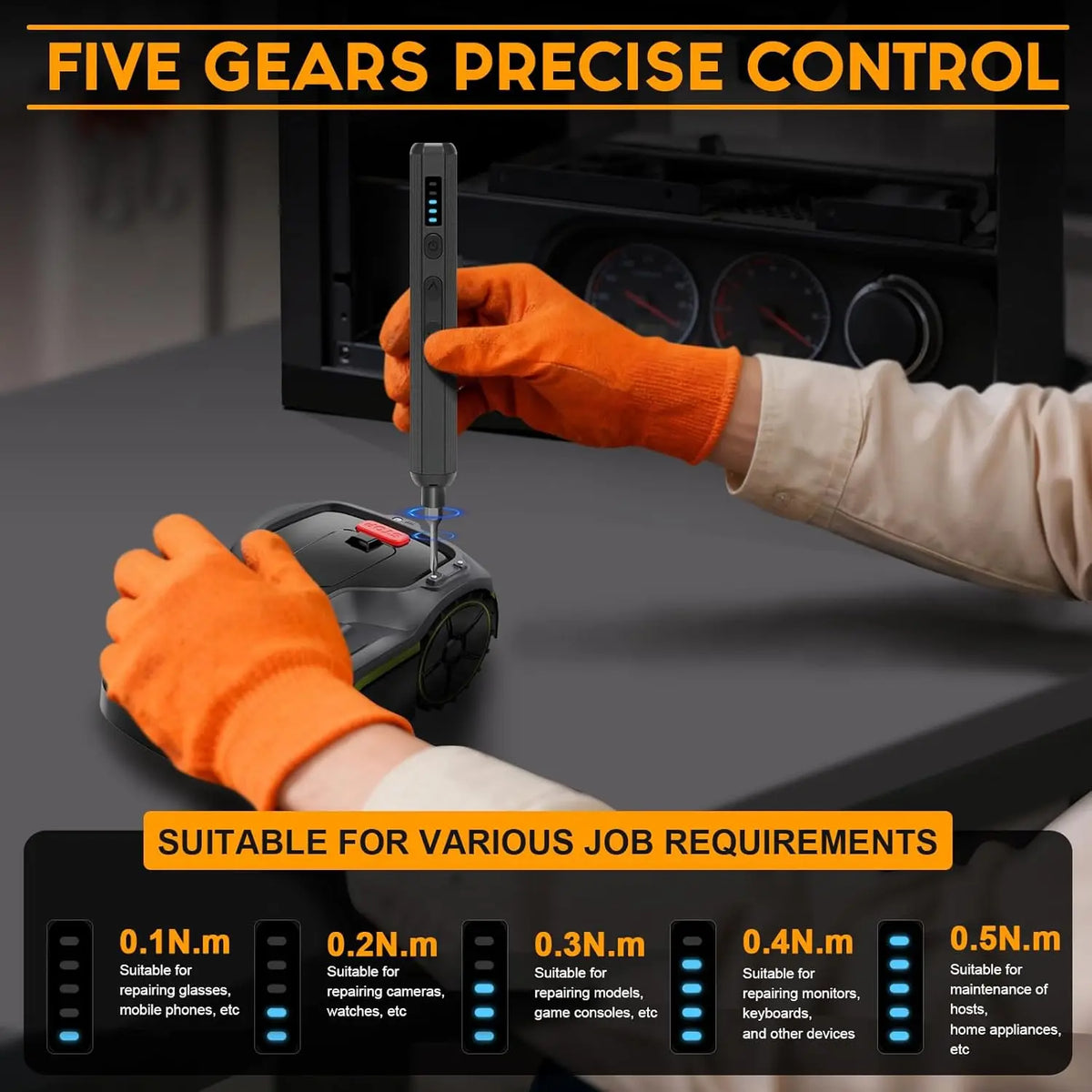 A hand wearing an orange glove is using a mini cordless screwdriver kit with an LED light to perform precise control on a dar