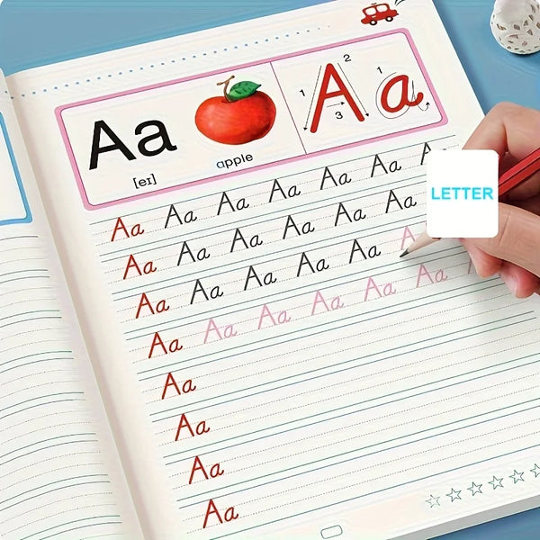 Página de un cuaderno de trazado para preescolar con la letra 'Aa' y ejercicios de trazado de manzana.