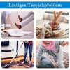 A collection of reusable non-slip rug grippers being used to lift and move a fluffy white rug.