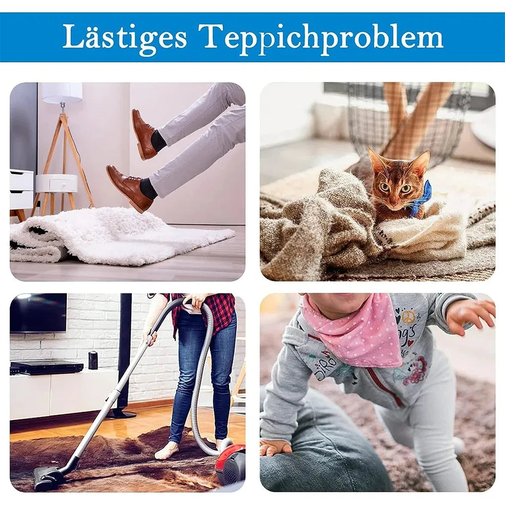 A collection of reusable non-slip rug grippers being used to lift and move a fluffy white rug.
