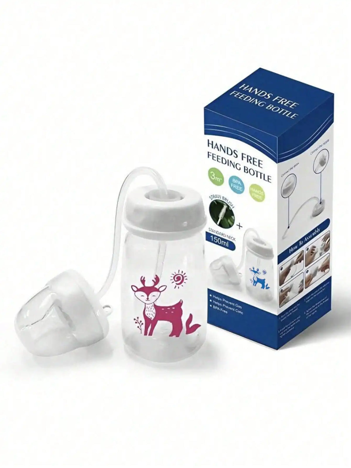Hands-Free Self-Feeding Baby Bottle with Straw Brush (150ml)