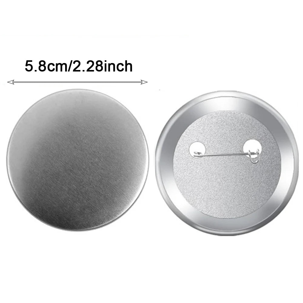 Silver pin back button blank kit with paper inserts, measuring 5.8cm or 2.28inch.