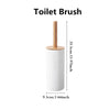 A white toilet brush with a wooden handle and bristles, shown against a white background.