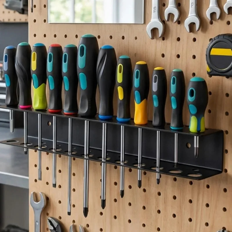 Wall-mounted organizer rack holding various hand tools like pliers, screwdrivers, and wrenches.