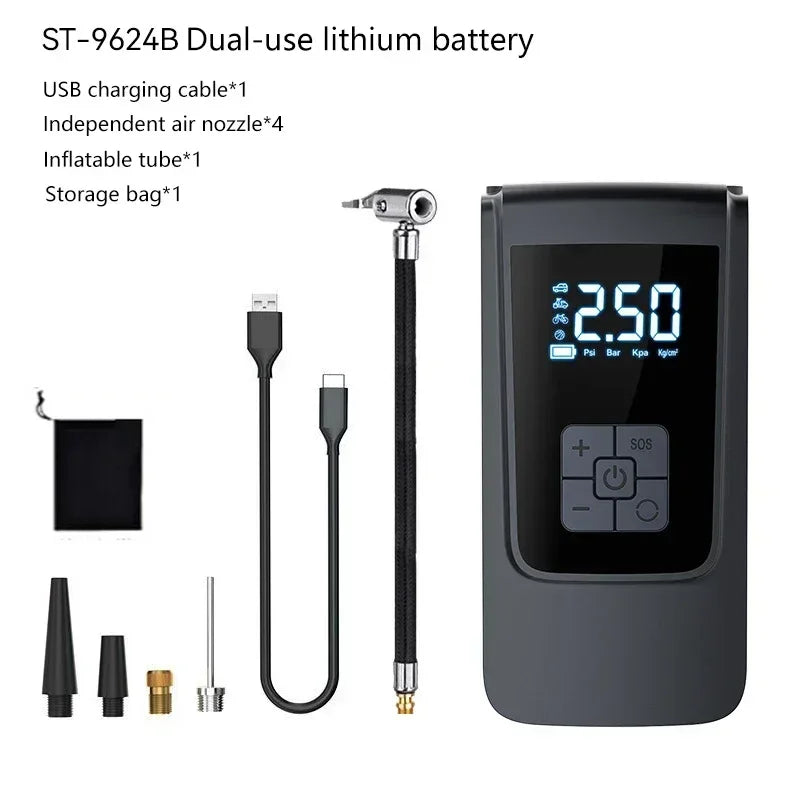 A black portable wireless tire inflator with a digital display and various accessories shown on a white background.