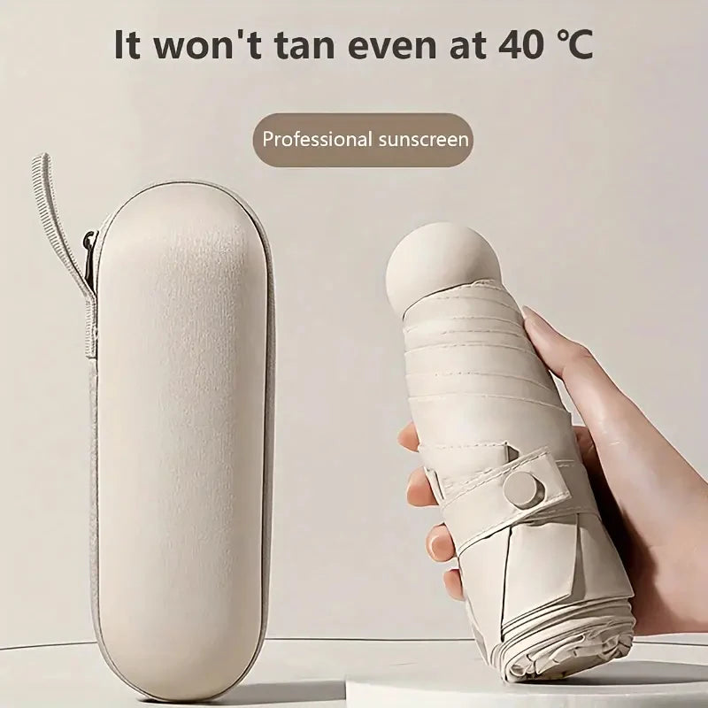 A white compact five-fold umbrella is shown next to a hand holding a rolled-up version, emphasizing professional sunscreen pr