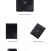 A black slim wallet made of carbon fiber with a positive display, reverse side, look down at view, and bottom display options