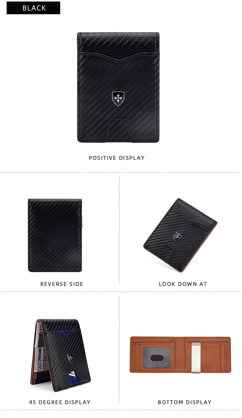 A black slim wallet made of carbon fiber with a positive display, reverse side, look down at view, and bottom display options
