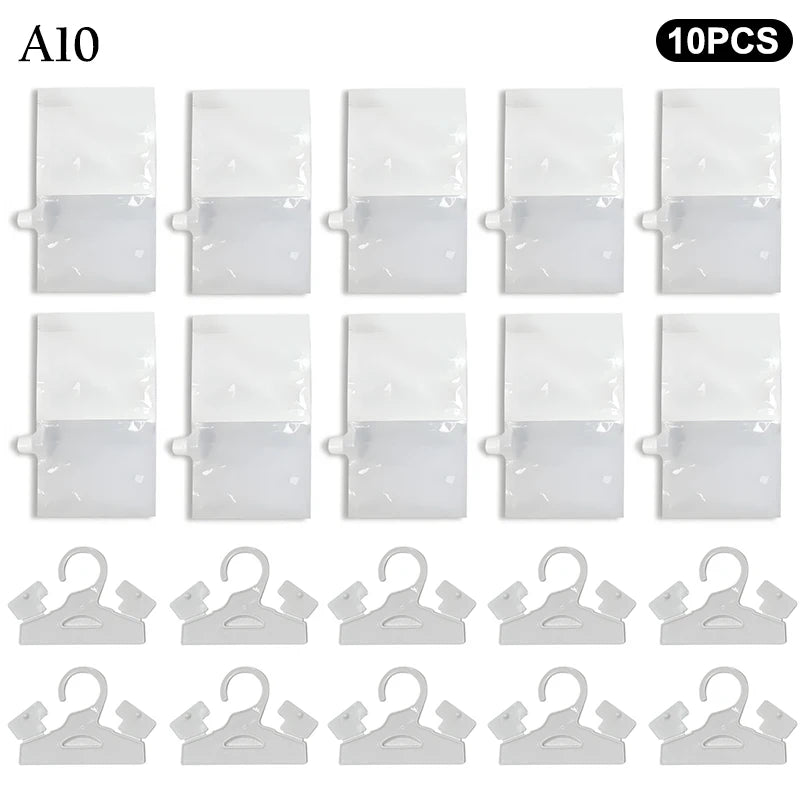 A set of ten reusable clear plastic hanging moisture absorber bags with hooks