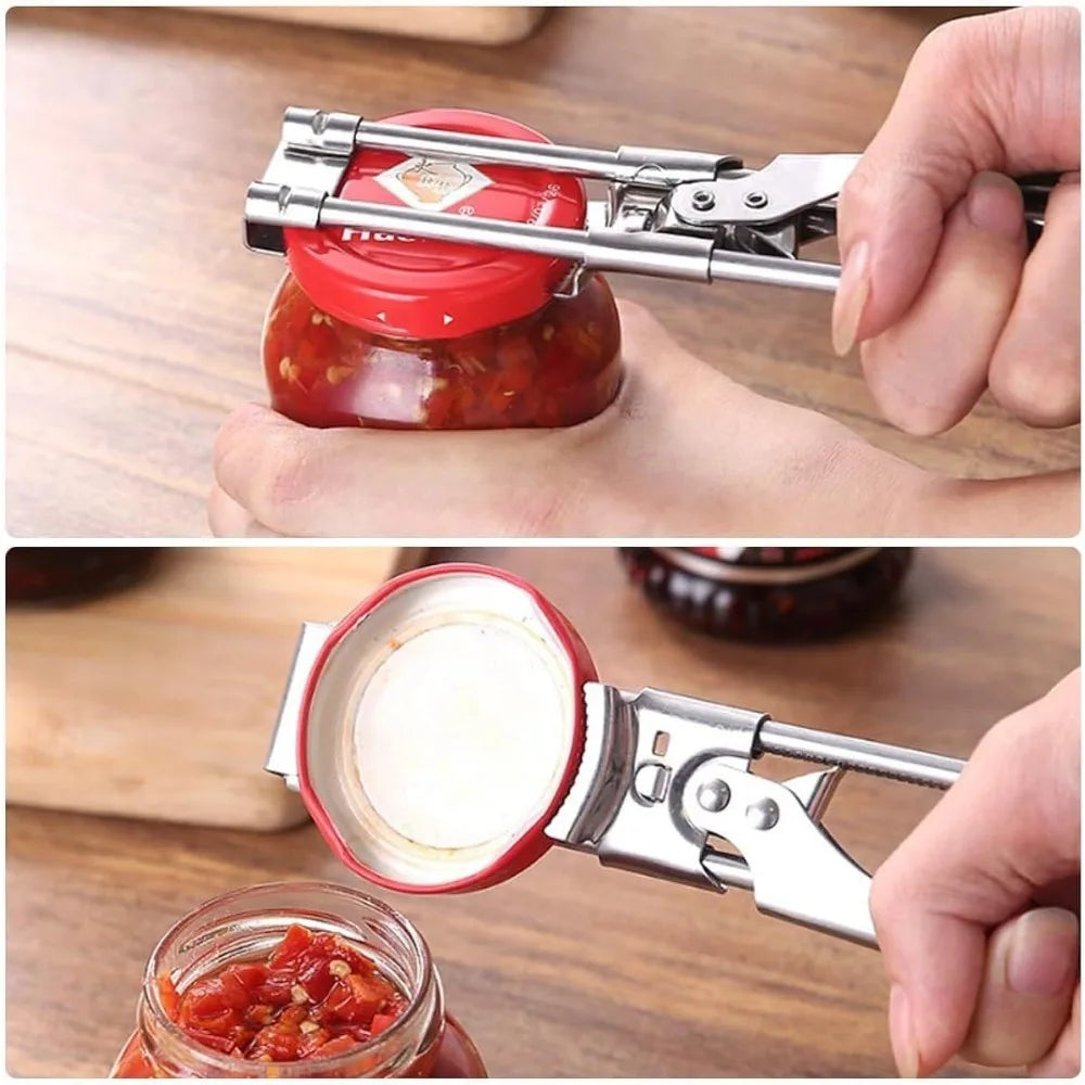 A hand is using an adjustable stainless steel can opener to open a glass jar of preserves.