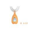 Orange U-shaped silicone toothbrush with a blue bird design for children aged 6 to 12 years.