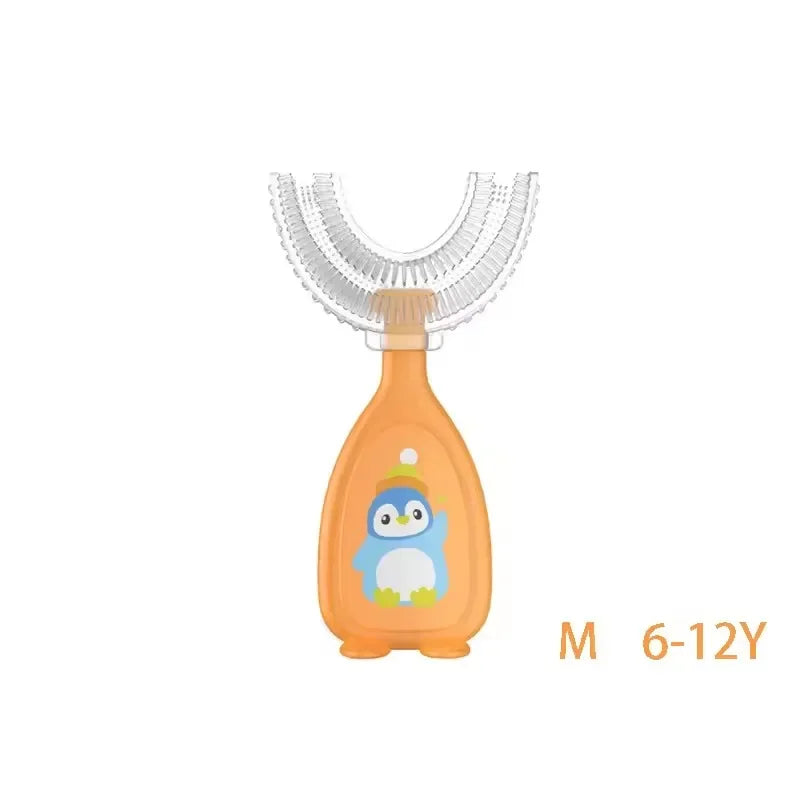 Orange U-shaped silicone toothbrush with a blue bird design for children aged 6 to 12 years.