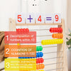 Wooden rainbow counting abacus showing basic mathematical operations like addition and division using colored beads.