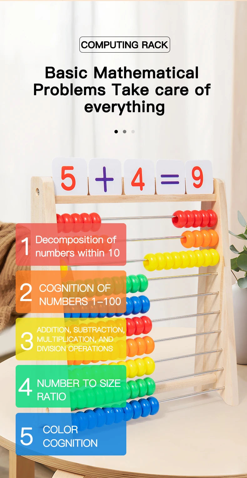 Wooden rainbow counting abacus showing basic mathematical operations like addition and division using colored beads.