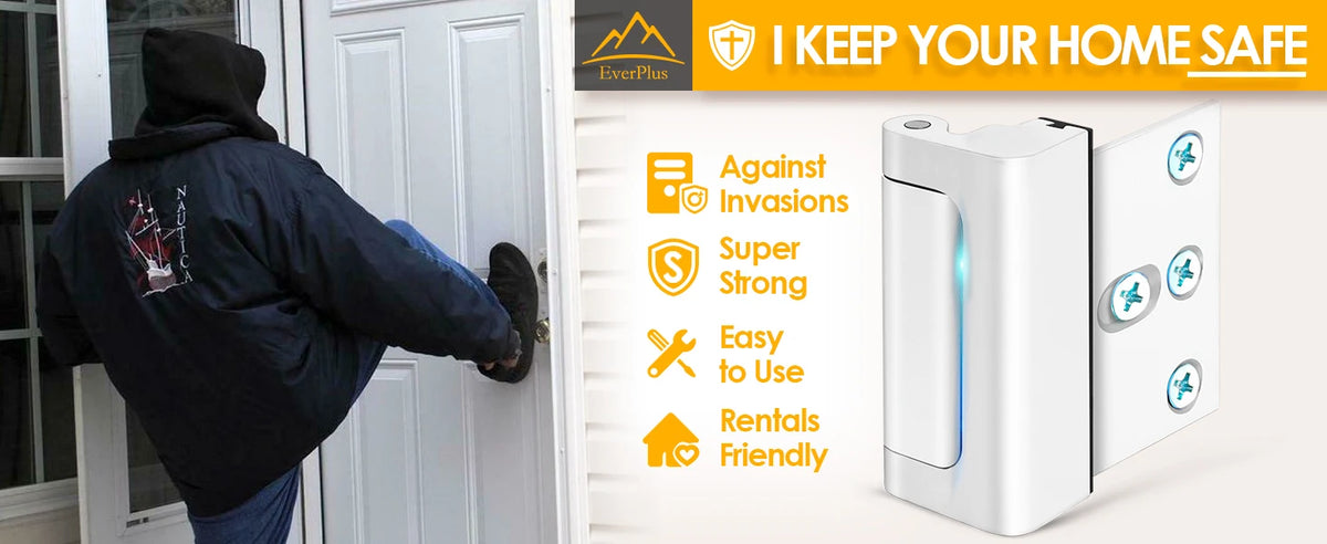 A white electronic door lock is shown next to a closed white door, with text highlighting its features for home security.