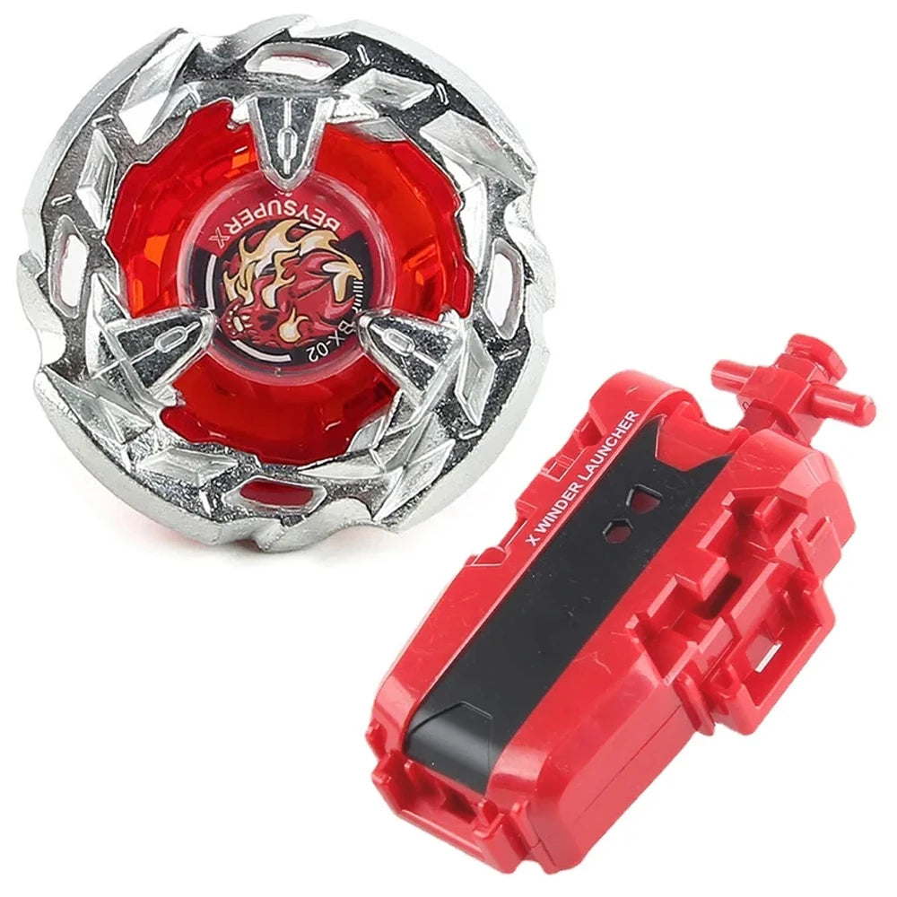 A Beyblade starter set featuring a silver launcher and a red Phoenix Wing and drumsword piece.