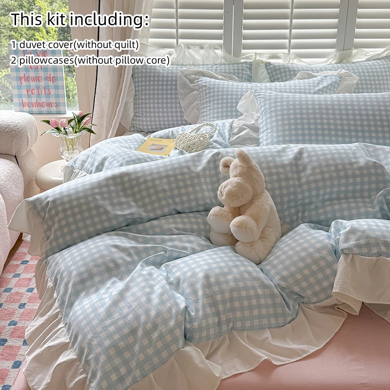 Pink Checkered Lace Duvet Cover Set (3 Pieces)