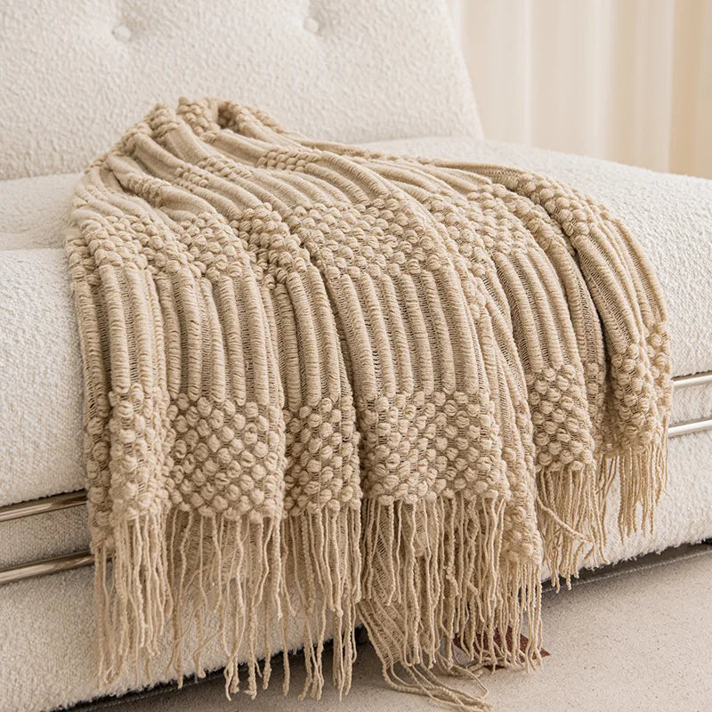 Khaki Knitted Throw Blanket with Tassels