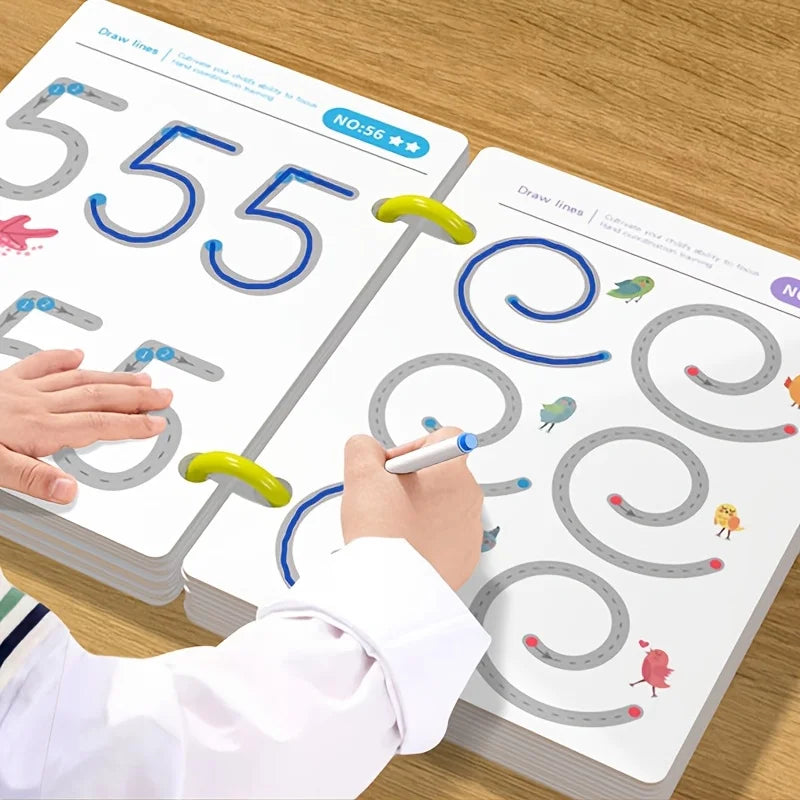 A hand is drawing lines on a reusable magic tracing workbook for kids with a pen, showing early learning activities.