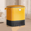 A yellow and black storage bag with a zipper is shown on a floor, measuring 52cm wide and 72cm high.