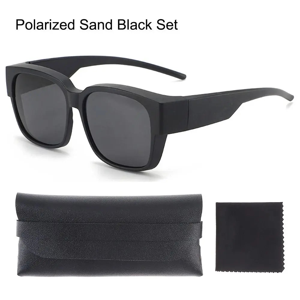 Black polarized sunglasses and a matching black leather pouch set