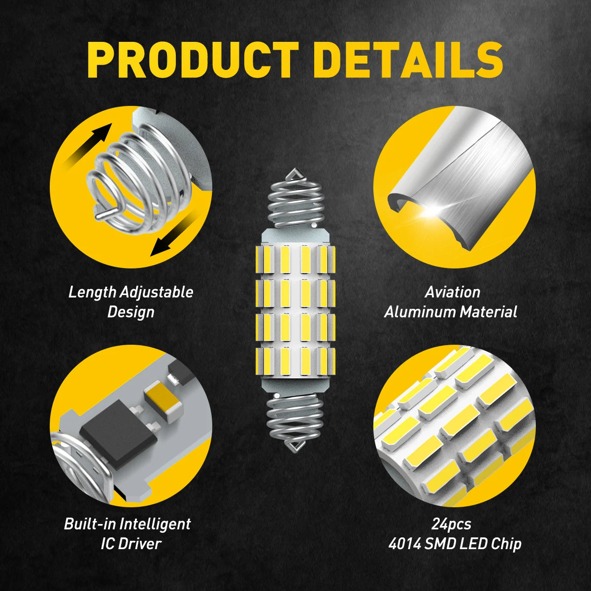 Product details showing an adjustable LED bulb, aluminum material, built-in IC driver, and 24pcs SMD LED chips.