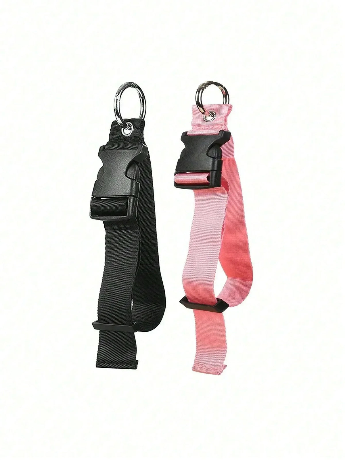 A black durable polyester luggage strap with a pink ID tag and metal loop.