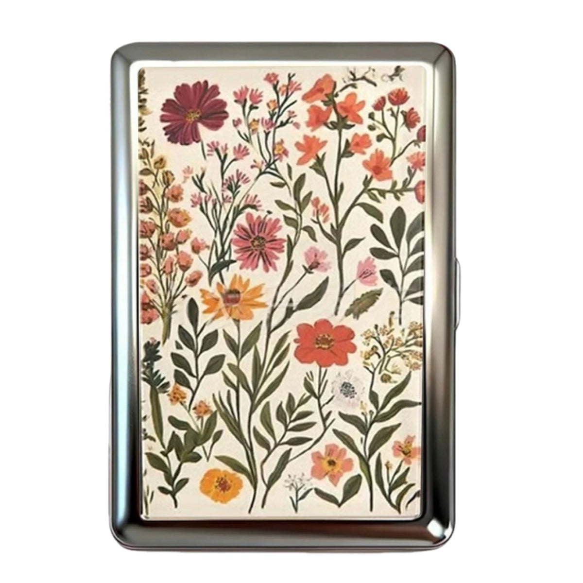 Vintage metal card and cash case featuring an art deco floral design with pink, orange, and green foliage.