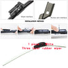 A single piece white three-layer rubber wiper blade is shown with installation methods for wiper and rocker arm interfaces.