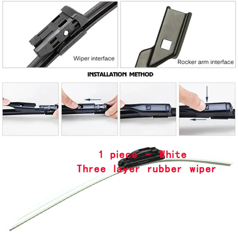 A single piece white three-layer rubber wiper blade is shown with installation methods for wiper and rocker arm interfaces.