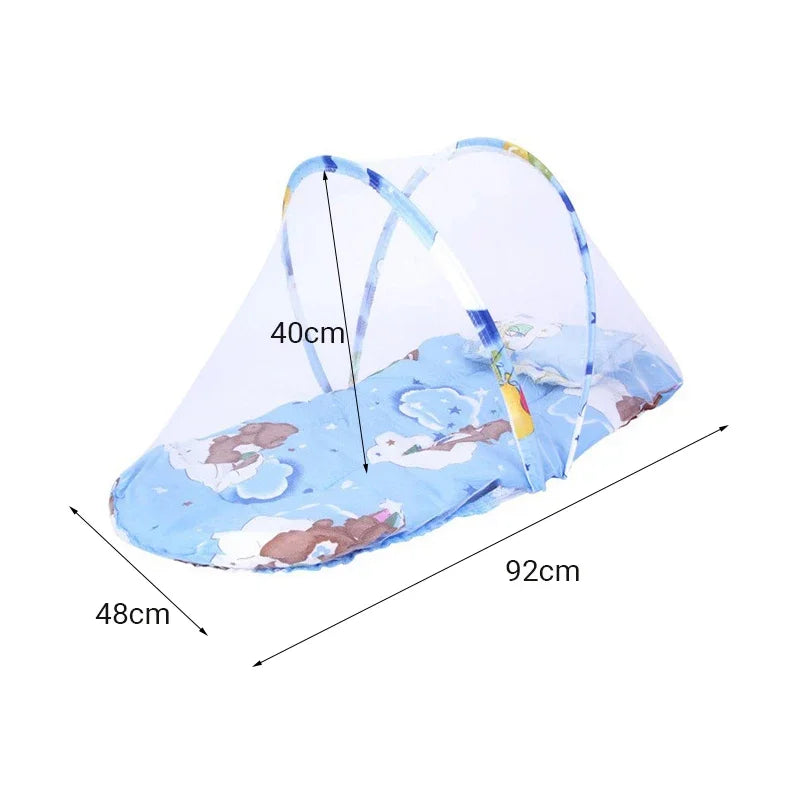 A portable mosquito net for a crib featuring a transparent fabric, blue and white accents, and measurements indicating its si