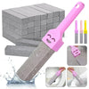 A pink pumice stone bathroom cleaning stick with a handle and sponge, shown next to a stack of gray pumice stones.