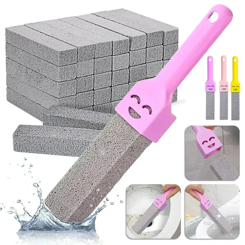 A pink pumice stone bathroom cleaning stick with a handle and sponge, shown next to a stack of gray pumice stones.