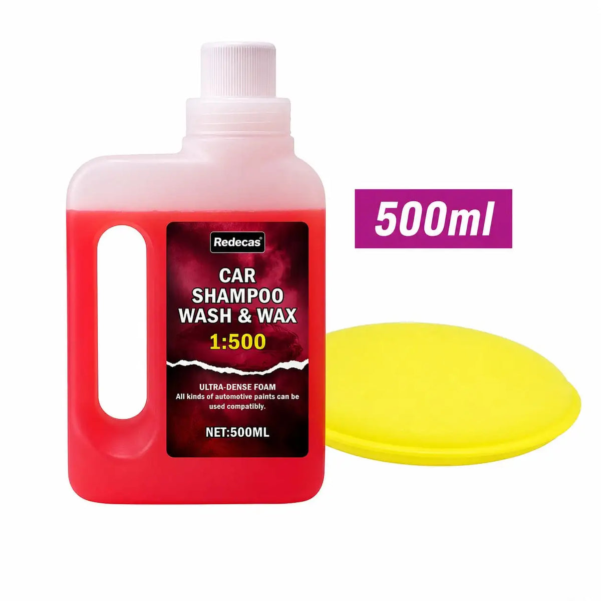 A red bottle of 500ml car shampoo wash and wax with a yellow foam disc.