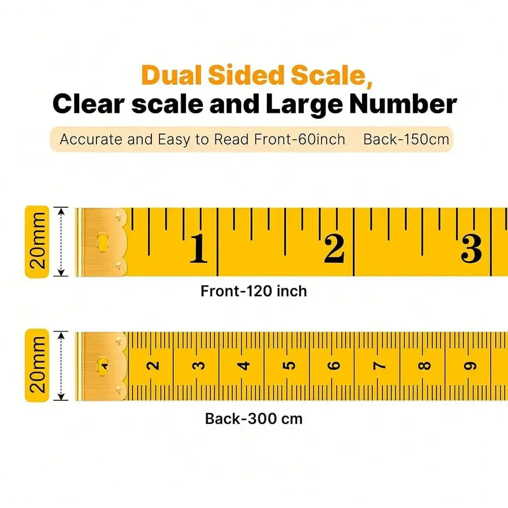 Dual sided scale measuring tape showing 120 inch and 300 cm markings for accurate measurement.