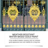A pair of ornate gold-colored metal doors with decorative ironwork and foliage patterns.