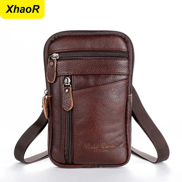 A brown vintage leather multi-pocket waist bag with a zipper and adjustable strap.