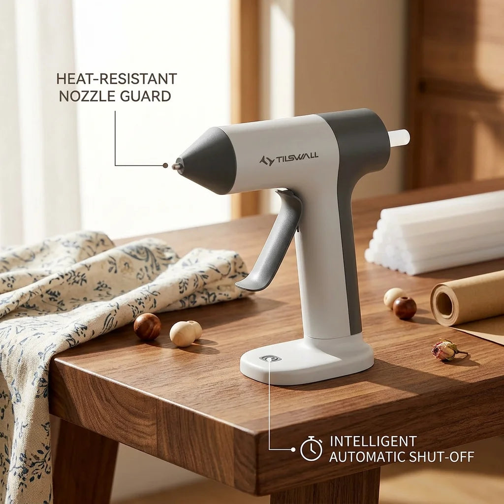 A white cordless hot glue gun with a gray nozzle guard sits on a wooden table, demonstrating an intelligent automatic shut-of