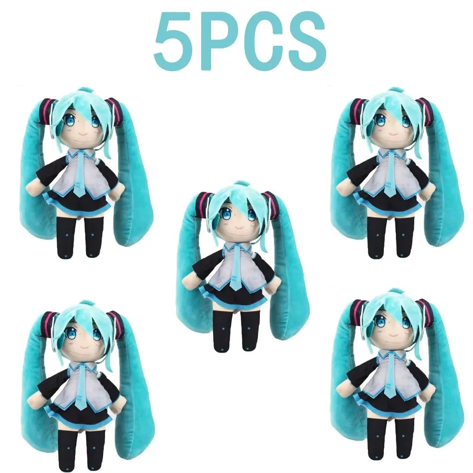 Five soft blue Hatsune Miku plush dolls with long ears and black outfits