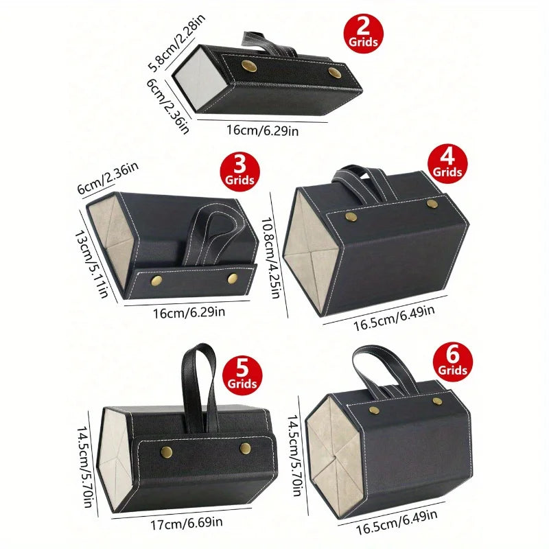 A set of six foldable multi-slot sunglasses organizer cases in black and beige.