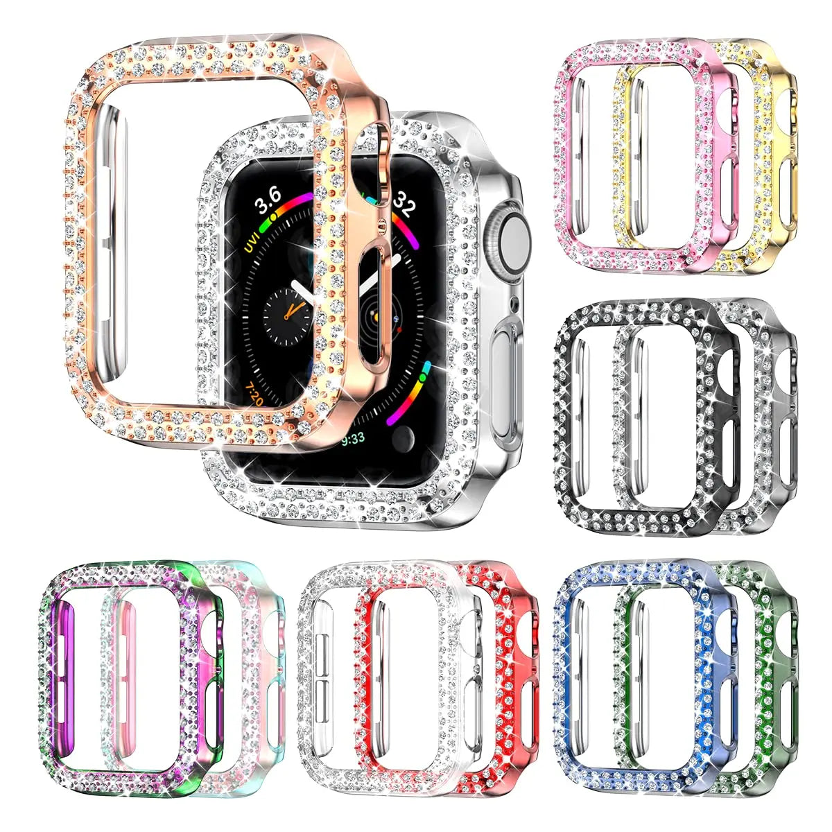 Colección de fundas tipo bumper con pedrería brillante para Apple Watch en varios colores y acabados.