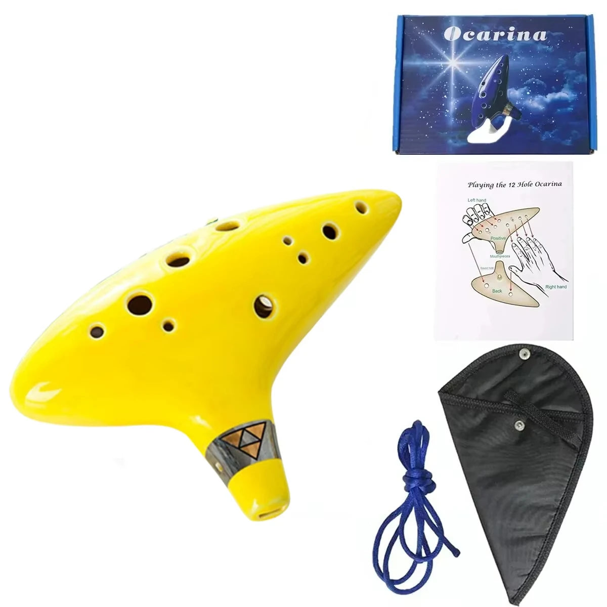Yellow ceramic ocarina with holes and a storage bag next to its music book
