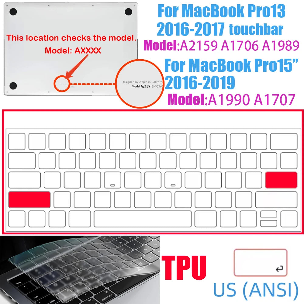 Ultra-thin TPU keyboard cover for MacBook Pro with a silicone keycap and touchbar protector.