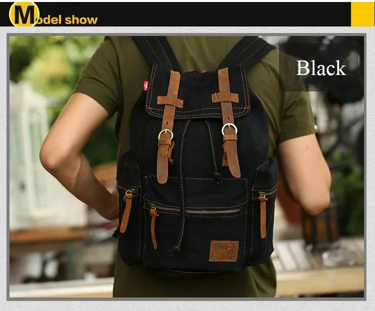 Vintage Canvas Backpack with Leather Accents – Large Capacity Travel & Laptop Bag