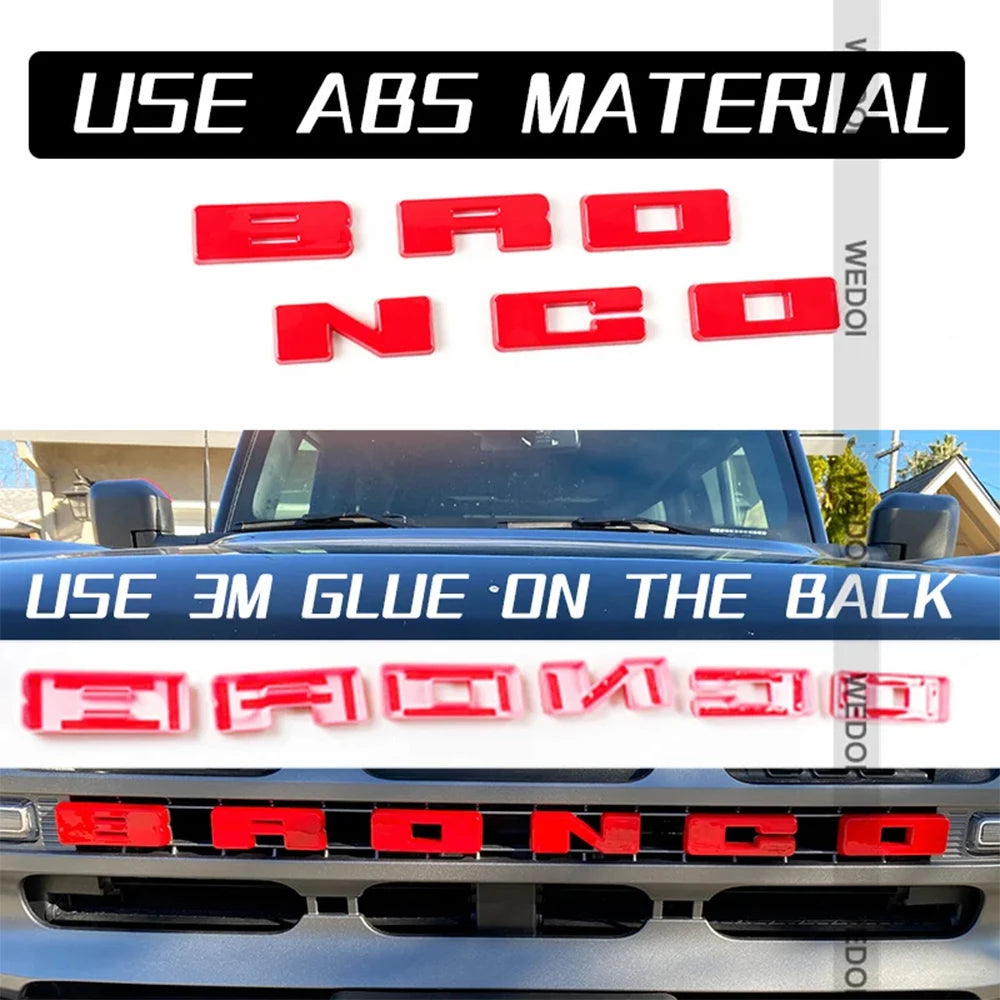 Red 3D ABS emblem letter covers for a Ford Bronco grille.