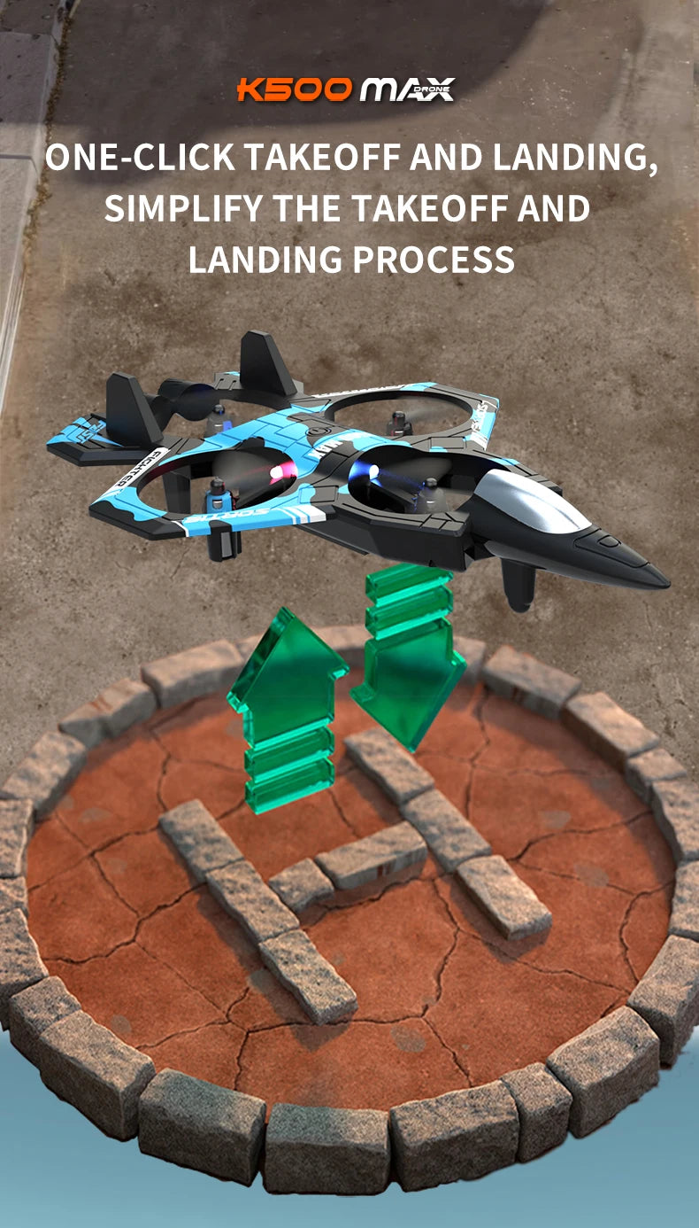 A black and blue remote control fighter plane is shown hovering above a circular terrain map.